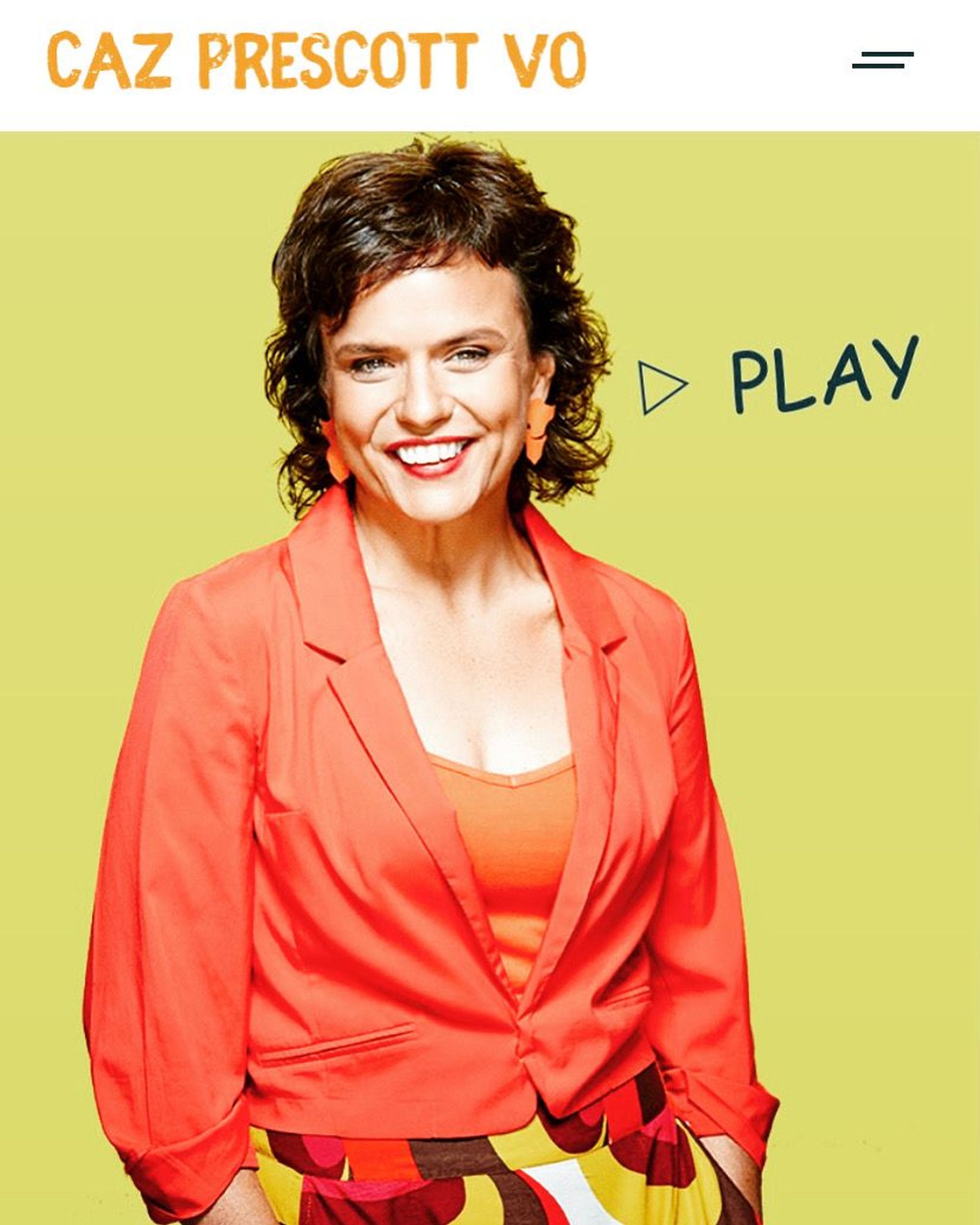 Smiling person in orange blazer on lime backdrop, editorial headshot with Play icon.