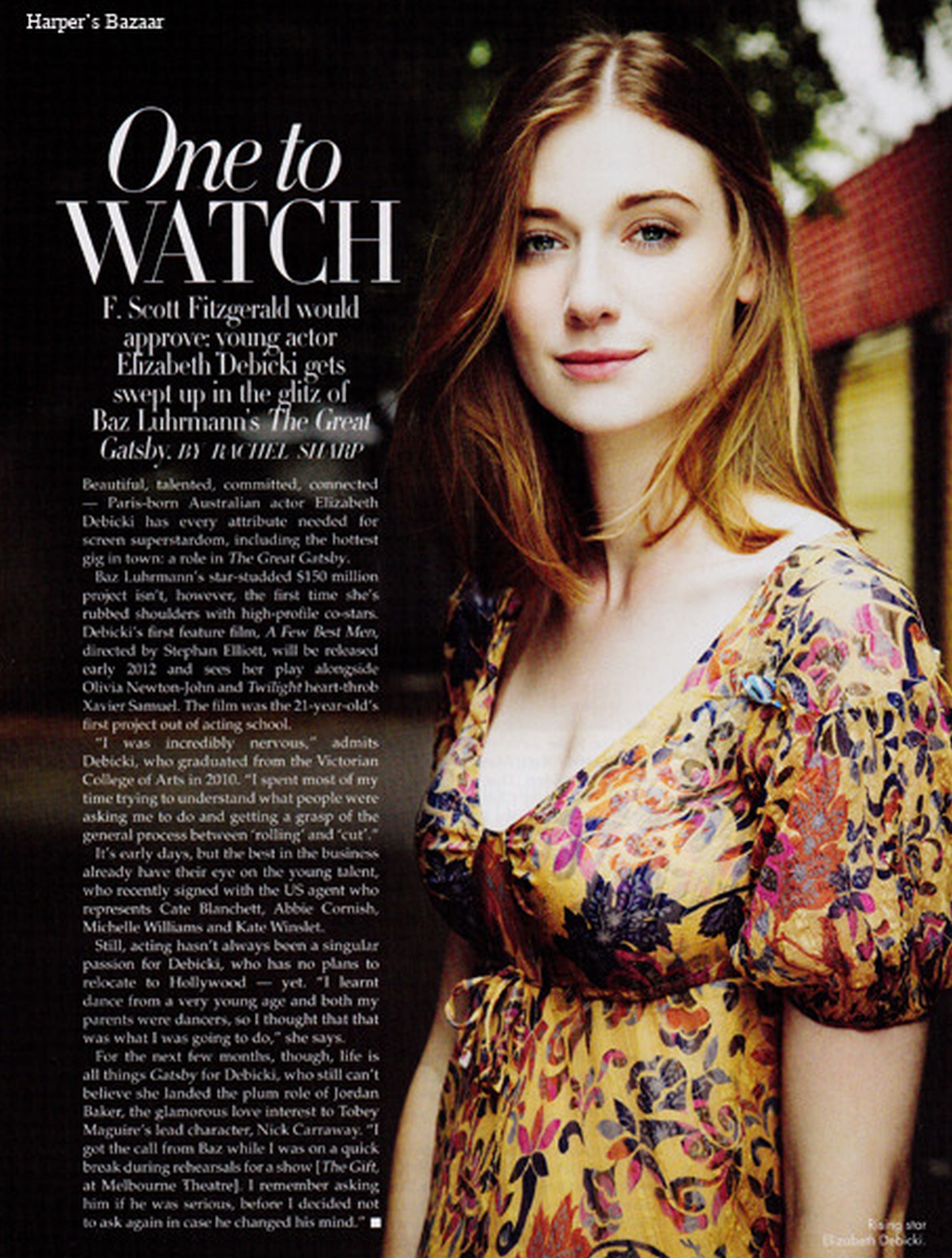 Magazine spread with “One to Watch” headline and editorial portrait of woman in yellow floral dress.